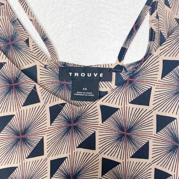TROUVE Abstract Geometric Tank Blouse V-Neck Strappy Navy Blue Beige Size XS - Picture 4 of 6